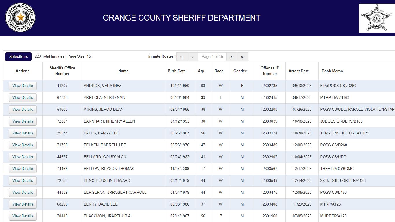 Inmate Roster - Orange County, Texas